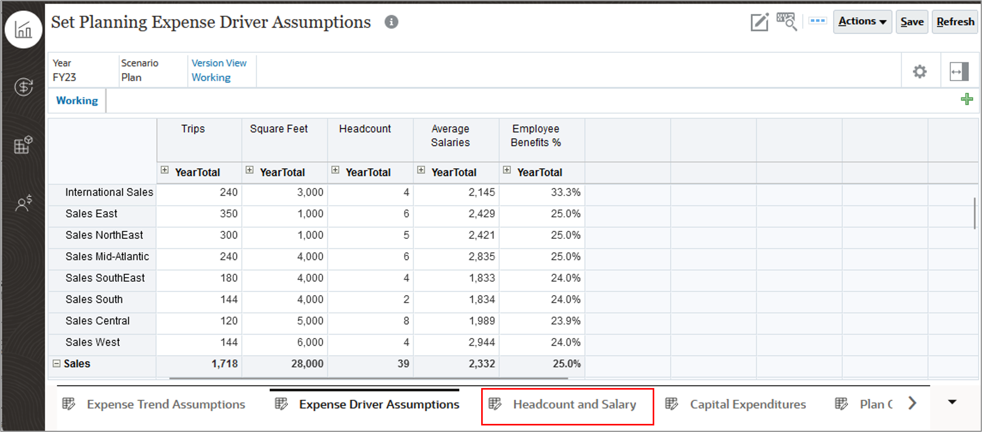 Set Planning Expense Driver Assumptions with Headcount and Salary tab highlighted